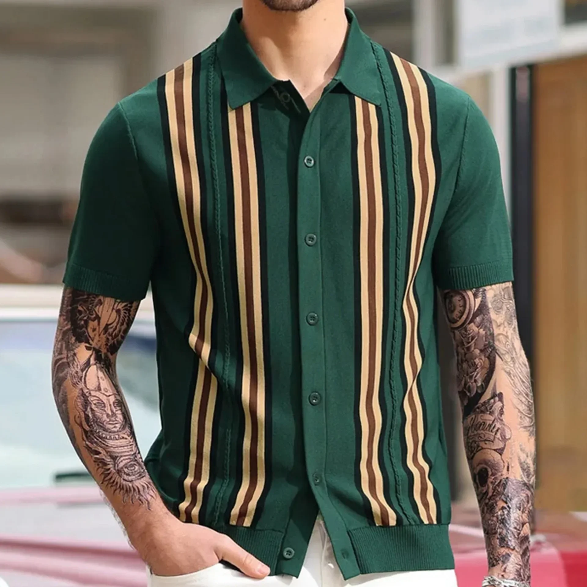 Mens Top Summer Green Striped Short-sleeved Slim Business Tide Polo Shirt Sweater for Men