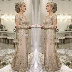 Plus Size Mother Of The Bride Dresses Mermaid V-neck Long Sleeves Appliques Beaded Long Groom Mother Dresses For Wedding