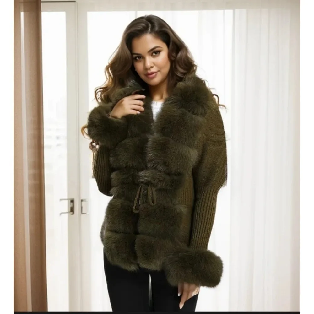 Autumn-winter Women\'s Fur Coat Luxury Patchwork Knitted Sweater Bandage Fur Cardigan Detachable Collar Jacket Fur Coat