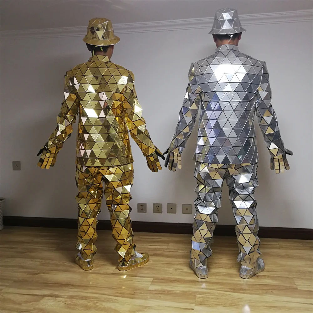 Cool Silver Golden Mirror Man Costumes Robot Suit Jacket Stage Dance Show Performance Hat Shoes DJ Night Club Ball Props