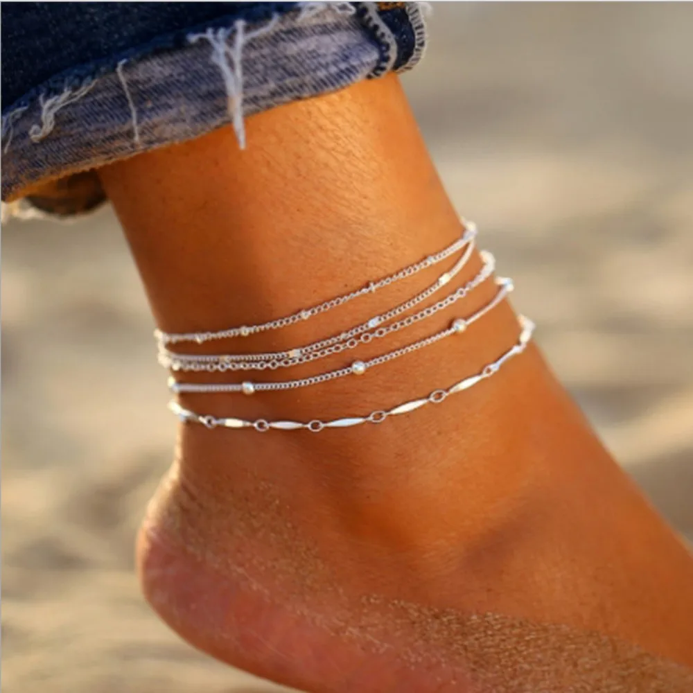 5pcs Set Simple Fashion Gold Color Tiny Beaded Stackable Adjustable Anklets for Women Hip-hop Style Street Party Jewelry Sets