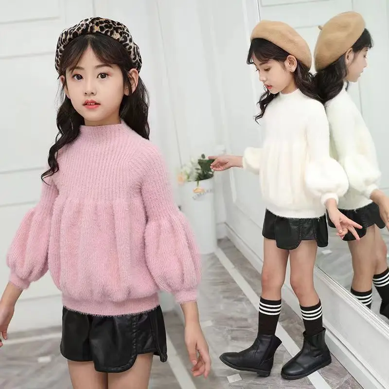 

2023 Baby Sweater for Girls Pullover Wool Sweaters Lantern Sleeves Children Princess Warm Outwear Autumn Winter