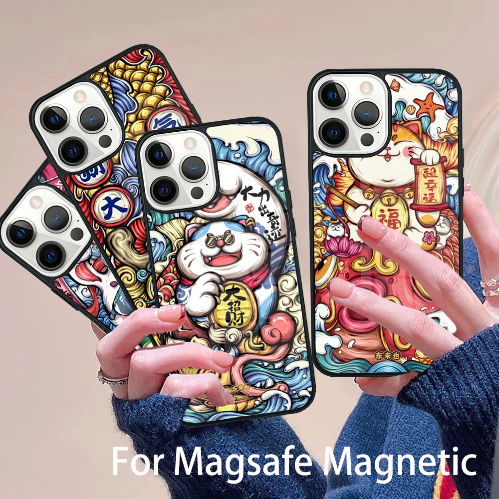 

Creative lucky money cat Phone Case Magesafe Magnetic Wireless Charge Cover For IPhone 16 11 12 13 14 15 Pro Max Plus Mini