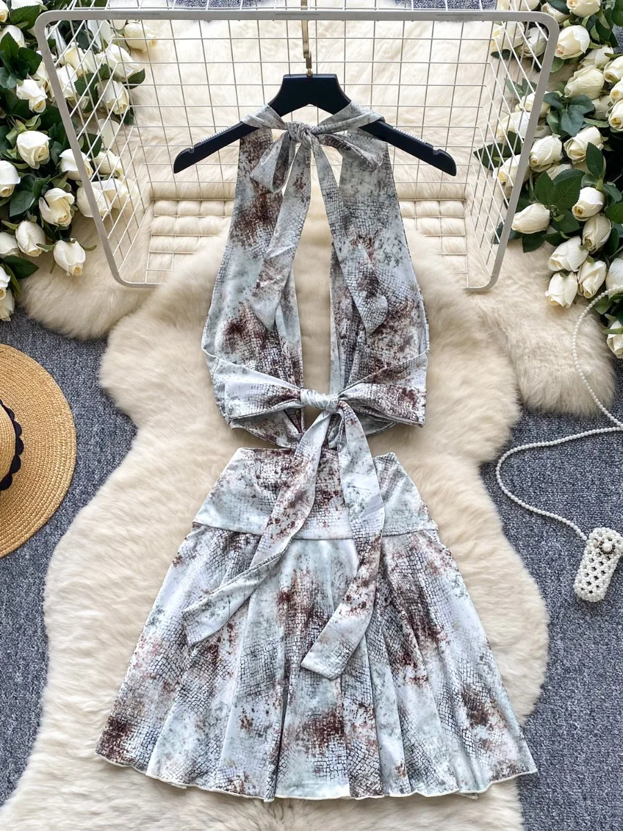 Foamlina Sexy Hollow Out V-Neck Halter Print Dress Women Fashion High Street Cutout Waist Slim Fit Hot Girl Mini Skirt Dress