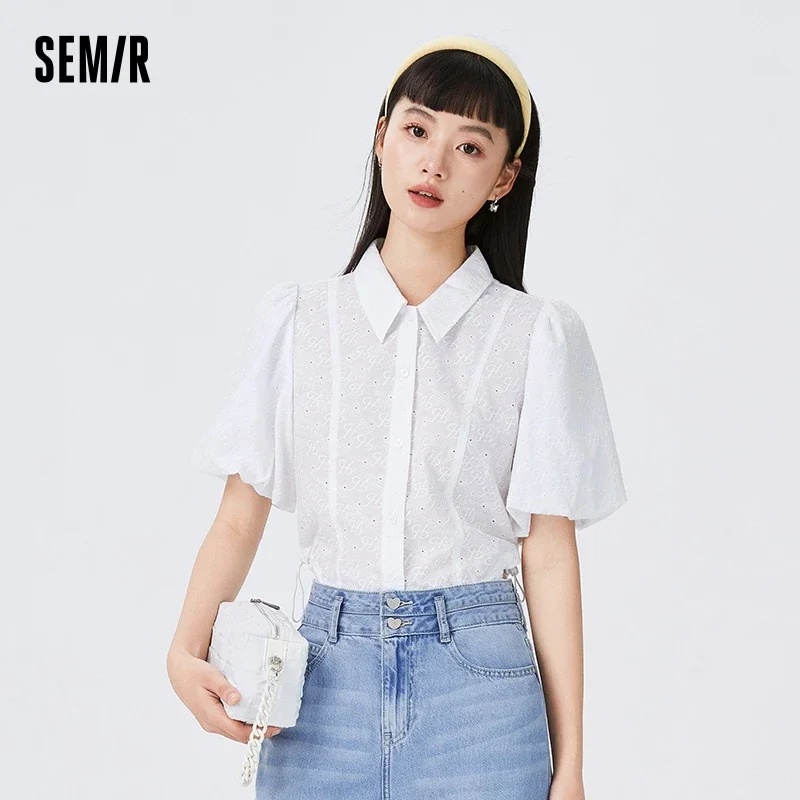 Semir Short Sleeve Shirt Women Short Slim Fit Drawcord 2023 Summer New Embroidered Bubble Sleeve Blouse