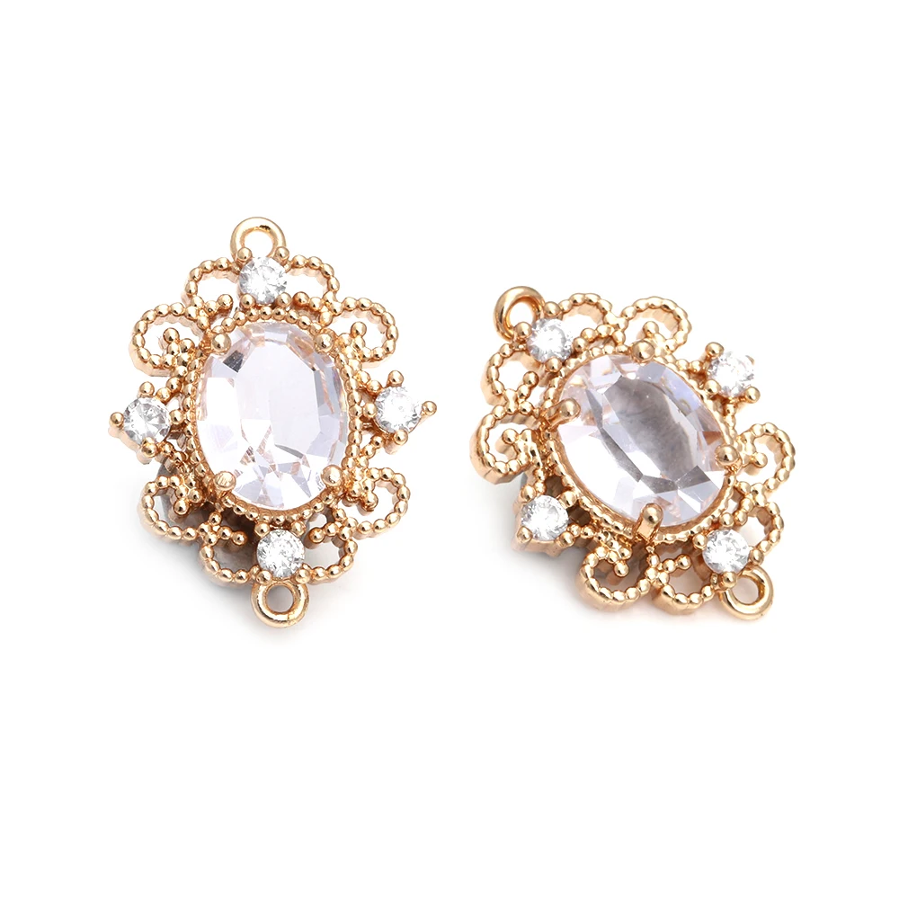 18K Gold Color Brass Zircon Glass Oval Shape Connect Charms Pendants High Quality Diy Jewelry Accessories Making Materials