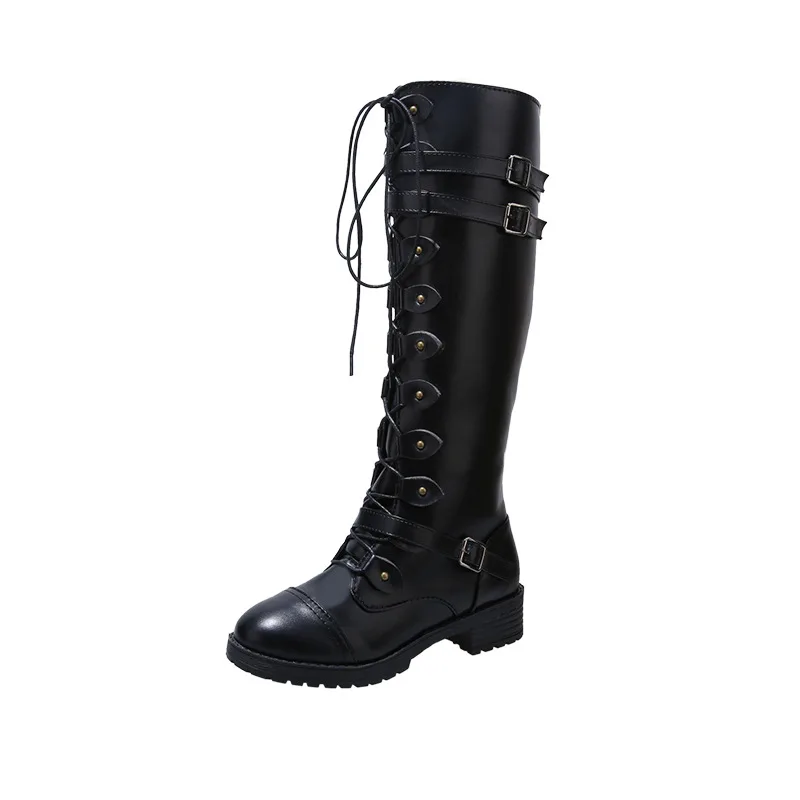 

Women Knee High Boots Autumn Winter Lace Up Flat Shoes Sexy Steampunk PU Retro Buckle Women Shoes Ladies Snow Boots