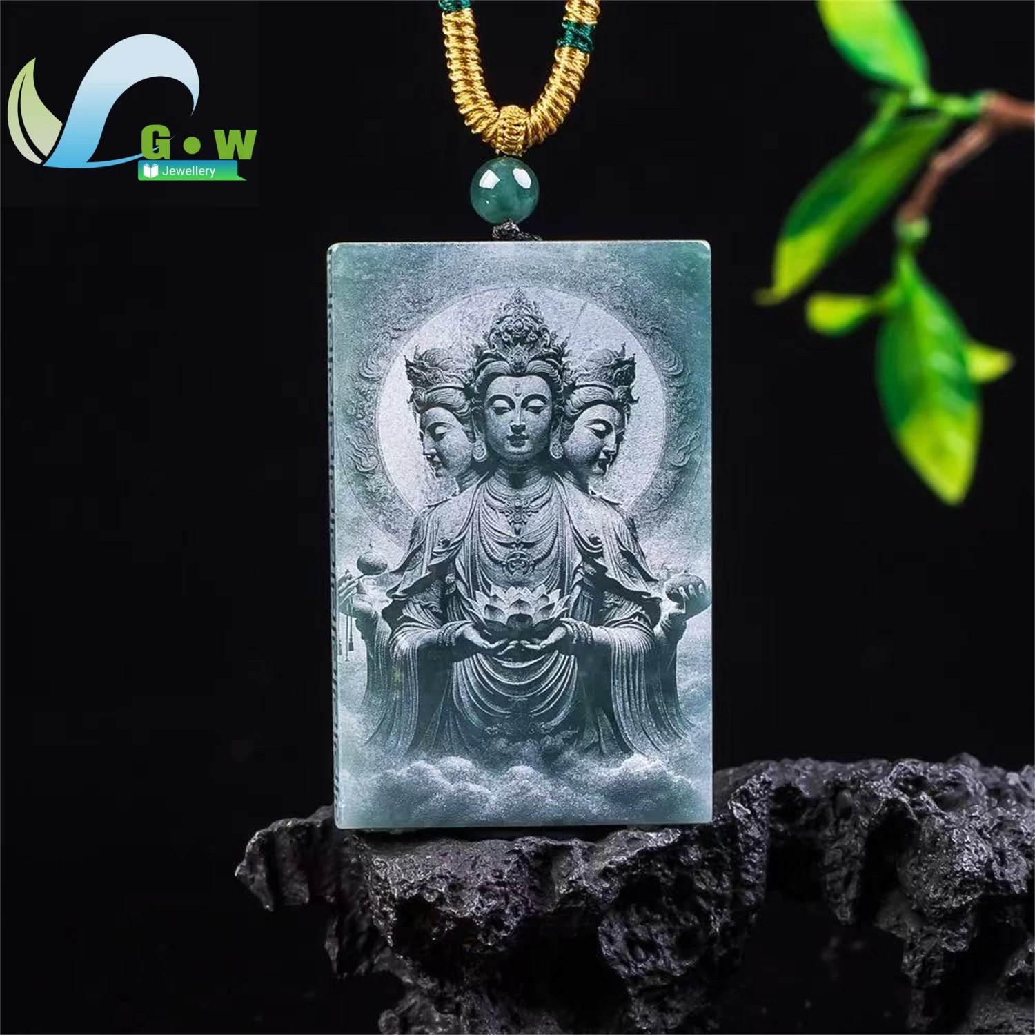 Natural A Grade Jadeite Three Faces Guanyin Pendant Double Sided Shadow Carving Blue Water Hanging Ornament Unisex Jewelry Gift