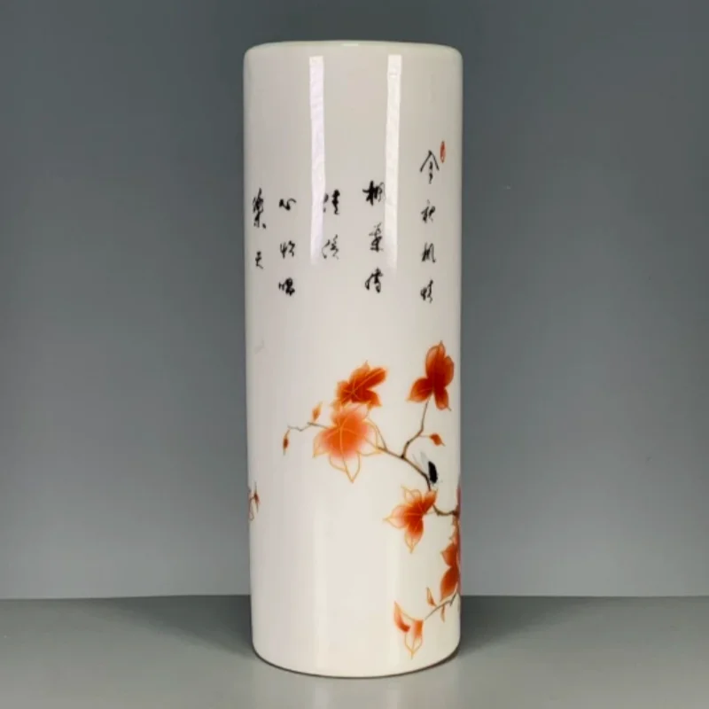 Antique Ceramic qing guangxu Famille rose porcelain Red Maple Bird Pattern Pen Holder Brushing Pot Modern Exquisite Crafts