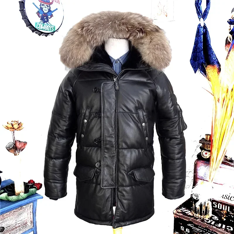 Manteau en duvet de résines pour hommes, cuir de mouton véritable, veste chaude pour hommes, se joint en fourrure de raton laveur, tissu à capuche noir, plus surdimensionné, 2024, xxxxxxl