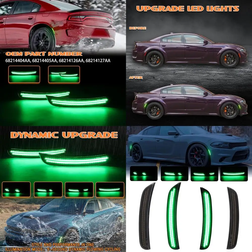 

Dodge Charger 2015-2023 Dynamic Green LED Side Marker Lights, 4-Piece Smoked Lens Kit for Front & Rear Bumpers
