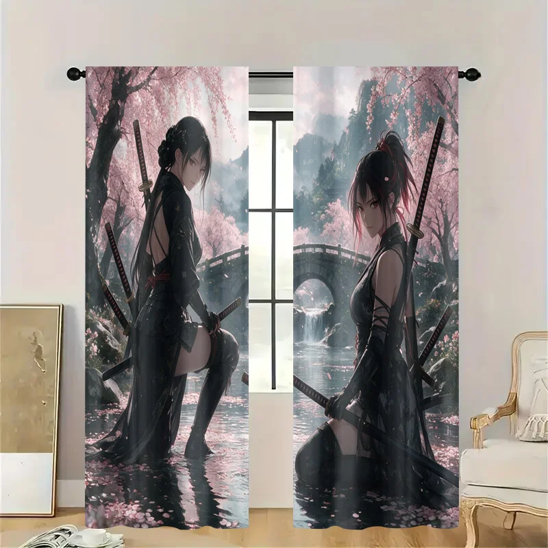 Anime Manga Aesthetic Window Curtains Panel Floral Cherry Blossom Spring Art Two Girls Fantasy Korean Japanese Style Decorative