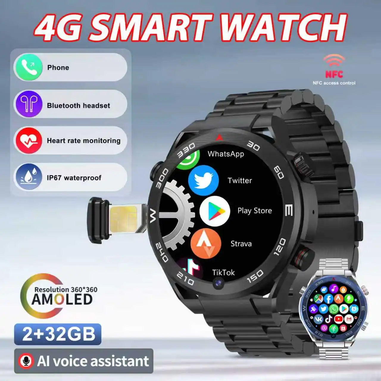 

4G SIM Smart Watch Google Play GPS WIFI NFC Dual Camera Rugged Sports IP67 Android SIM Card 4G Network Smartwatch for Men Women