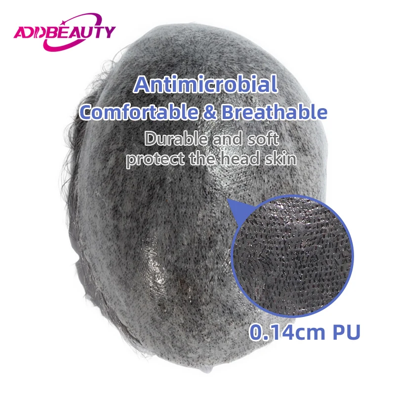 Men Toupee Thin Skin Human Hair Wigs Antibacterial Full PU 0.14mm Men's Wigs With Knots Skin Friendly Natural Hair System Units