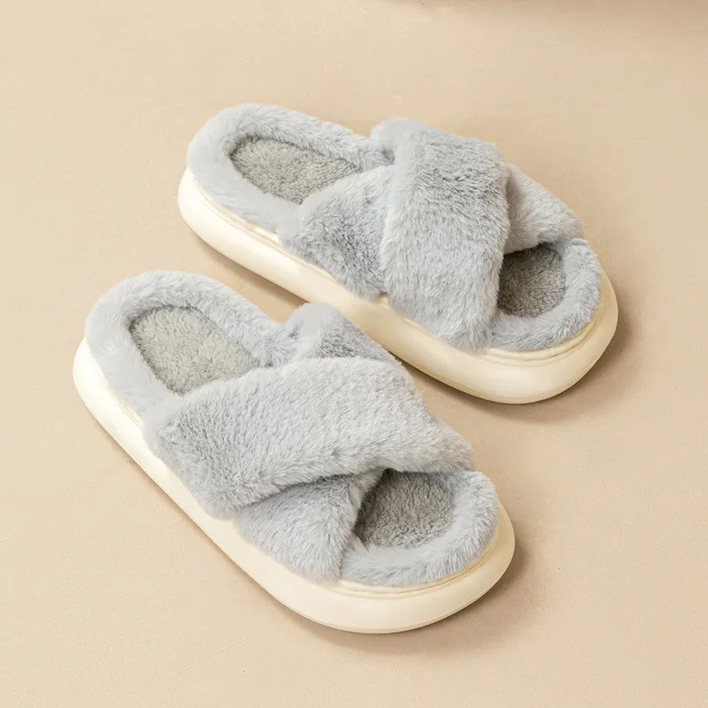 Women's Slippers Comfortable Soft All Season Linen Slippers Indoor Anti Slip Soft Soles Crossed Plush Slippers Home Casual Shoes