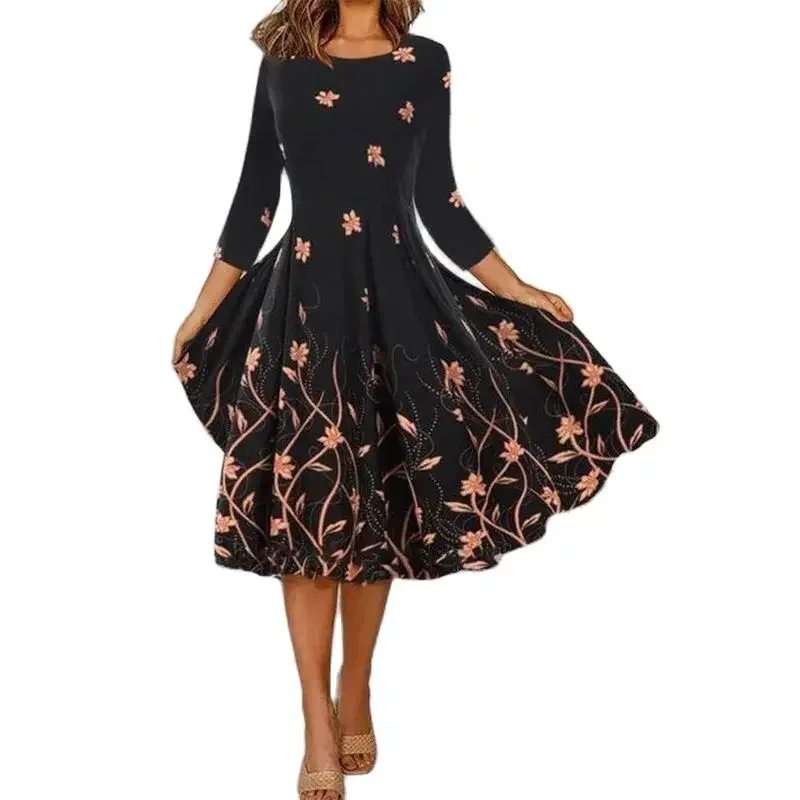 

Spring Seven-quarter Sleeve Large Hem Dresses Women O Neck Pullover Slim Fit Dress Female Elegant Print Comfortable Casual Gown