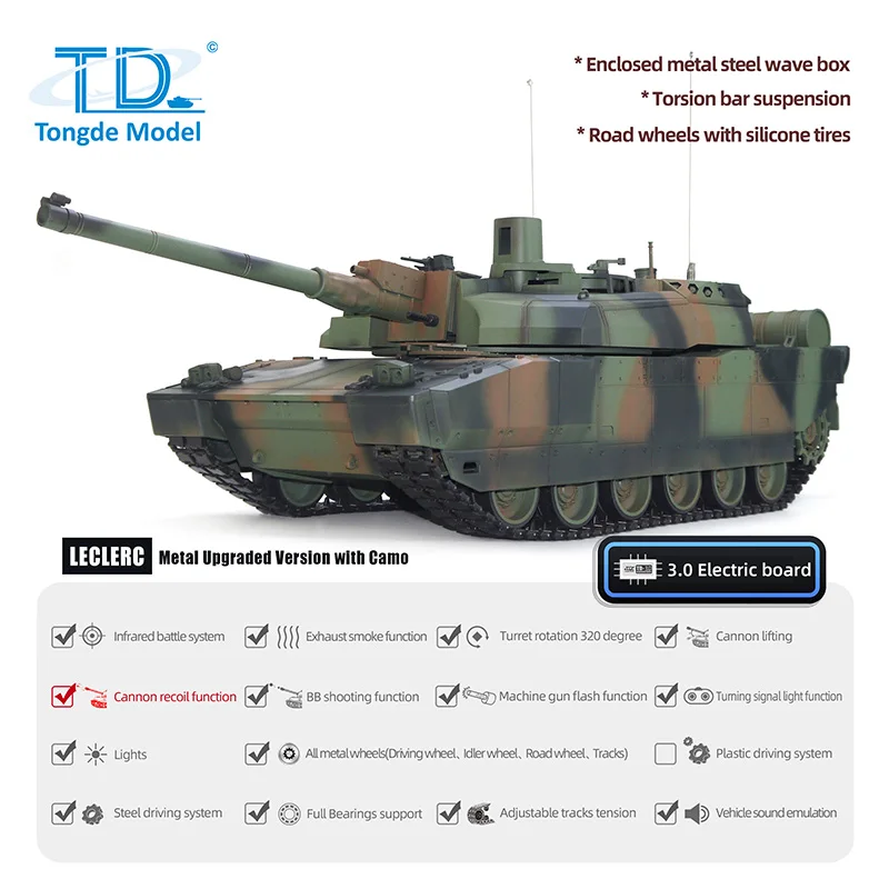 RC Tank TD H2408 1/16 Military Leclerc Battle Tank Metal Driving Wheel Road Wheel Gearbox Infrared BB Barrel Recoil Smoke Unit