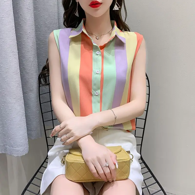 Simplicity Office Lady Summer Women's POLO Collar Rainbow Striped Button Patchwork Fashion Loose Sleeveless Chiffon Shirt Tops