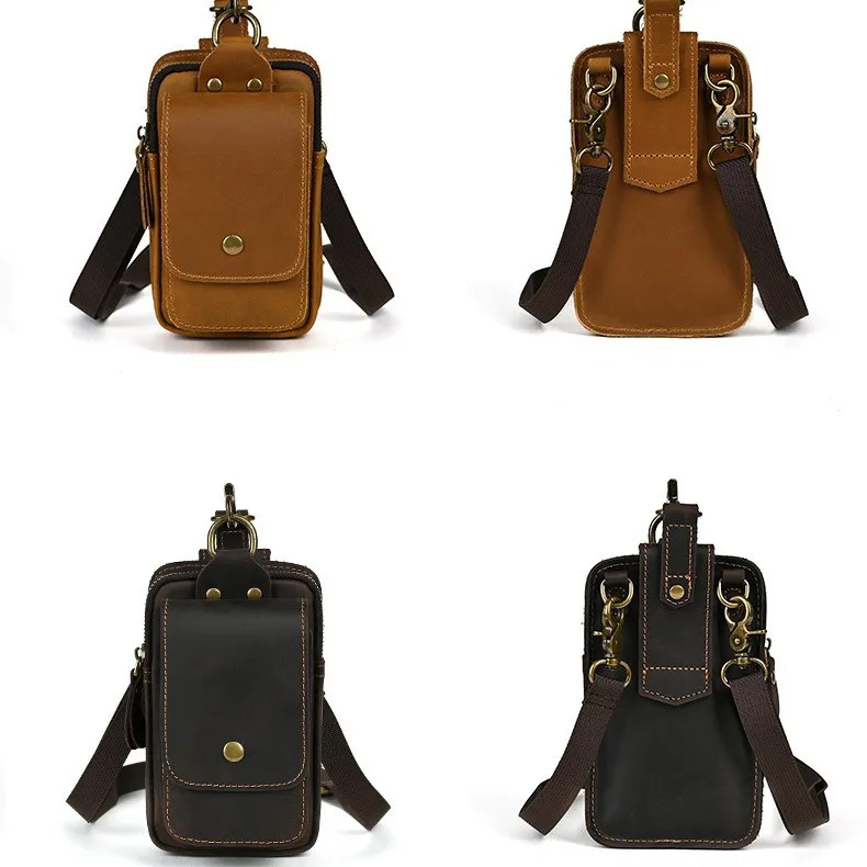 LD-Real Leather Men's Waist Bag, Top Layer Cowhide Outdoor Crossbody Bag, Crazy Horse Leather Mobile Phone Bag
