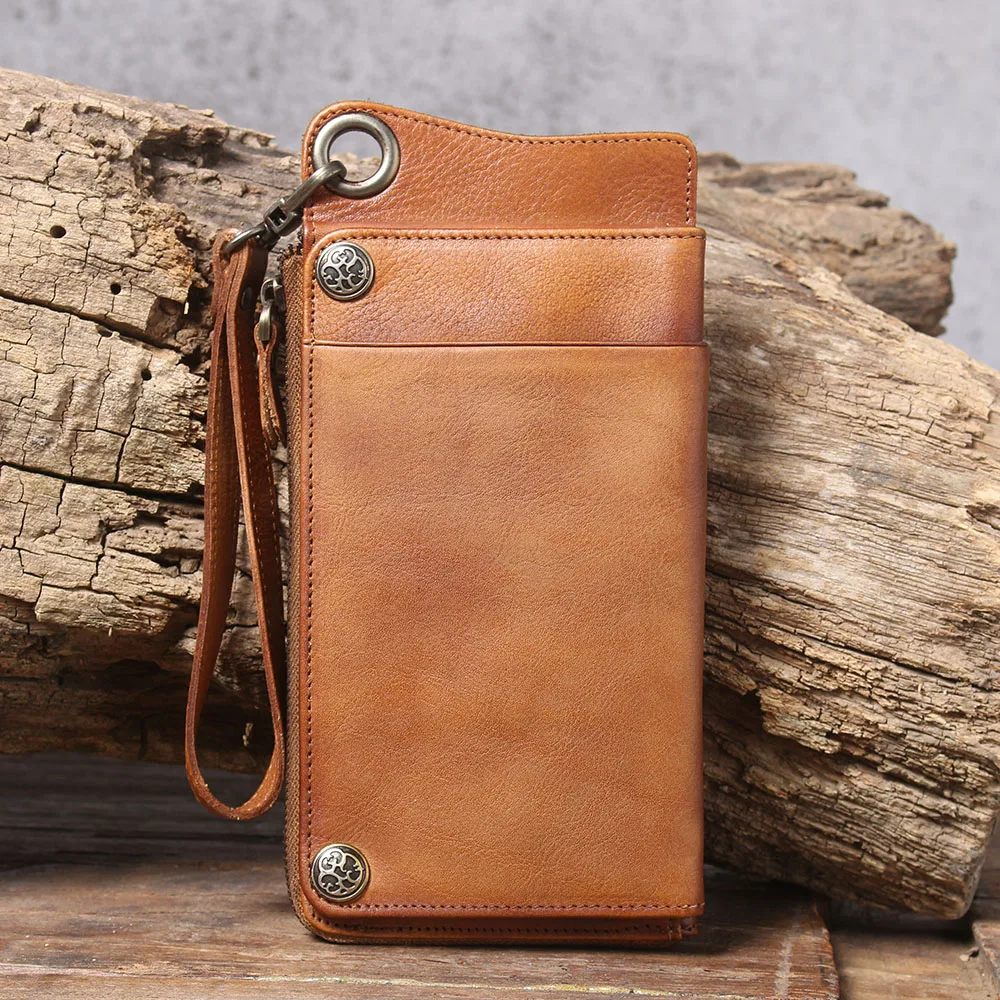 S.WORKER Echtes Vollnarbiges Rindsleder Langes Portemonnaie für Herren, Clutch mit mehreren Kartenfächern, Casual-Geldbörse mit Handgelenkschlaufe – Detail 5