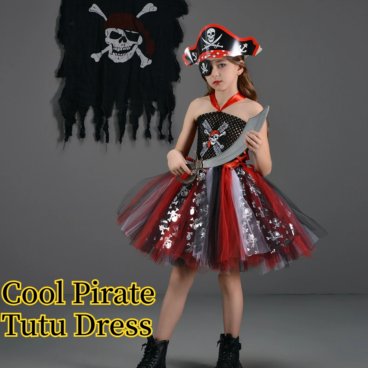 Girls Cartoon Pirate Dress Up Mesh Tutu Dress With Photo Props Halloween Carnival Party Masquerade Ball Stage Performance Outfit