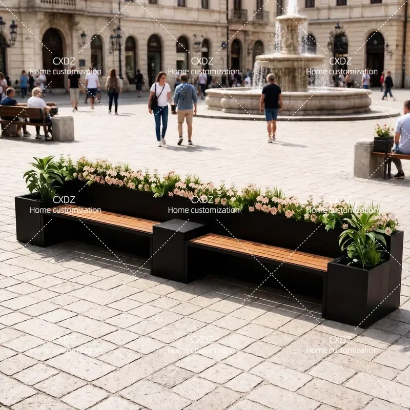 Outdoor Wrought Iron Flower Box Bench Commercial Plaza Seating Partition Fence Courtyard Planter Frame for Milk Tea Shop