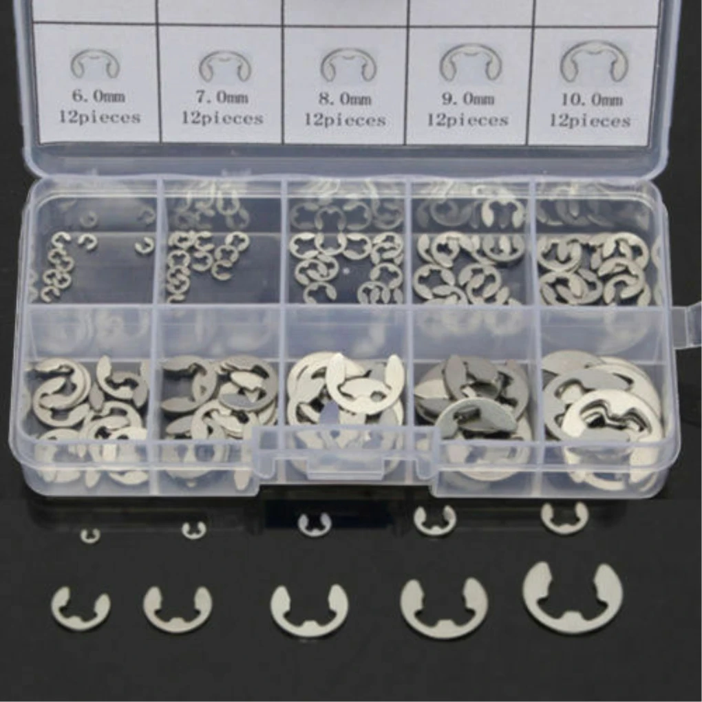 120pcs/set M1.5-M10 Circlips 304 Stainless Steel E-clips Kit 1.5mm to 10mm Clips Plastic Storage Box