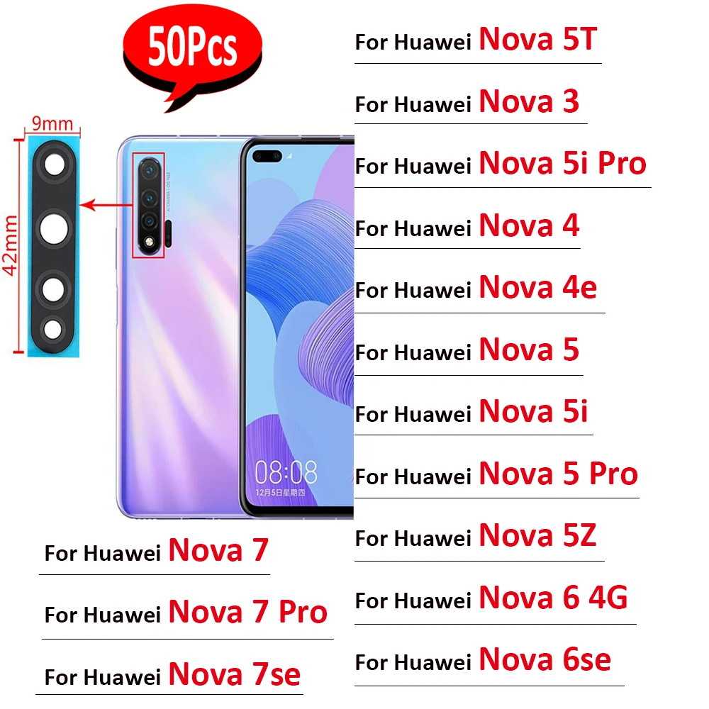 50Pcs，NEW Back Rear Camera Glass Lens with Glue Replacement Repair For Huawei Nova 3 3i 4 4e 5T 5 5i 5T 5Z 6 Se 7 Pro