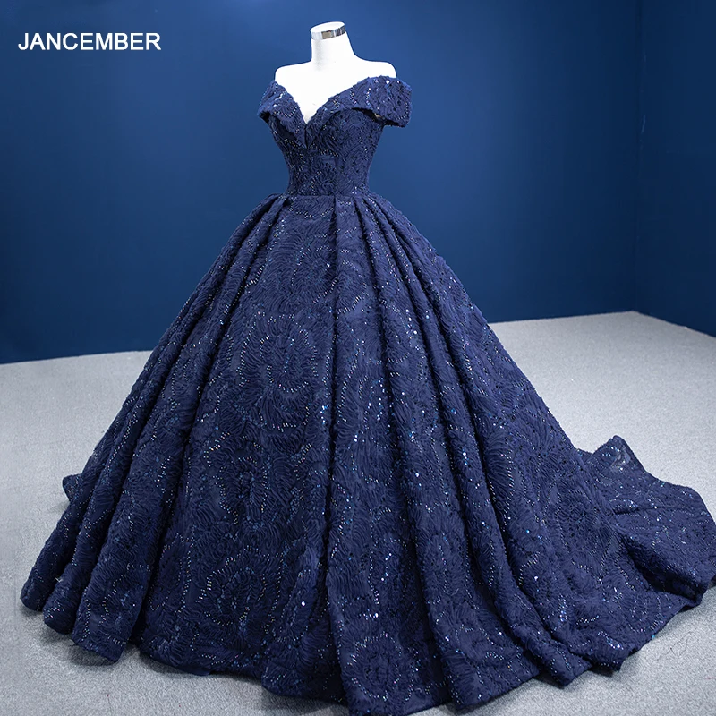 

Jancember Elegant Evening Party Dresses Navy Blue Ball Gown V-neck Shiny Cap sleeve Beading robes de soirée J66742E