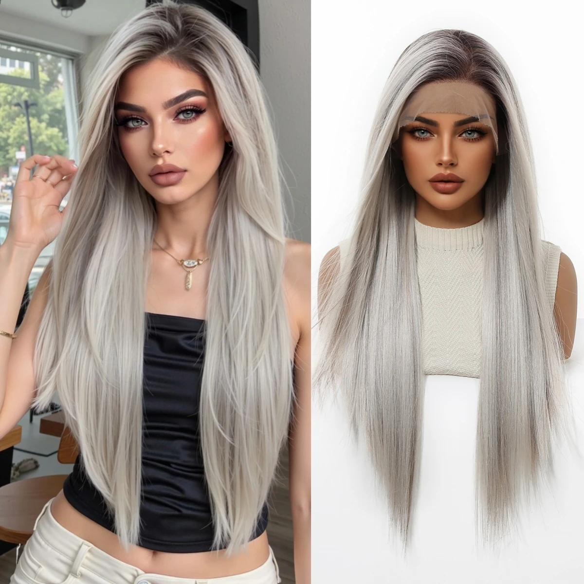 

HAIRCUBE 13*6 кружевные фронтальные прямые парики платиновые блики синтетические парики с темными корнями предварительно выщипанные волосы для женщин косплей
