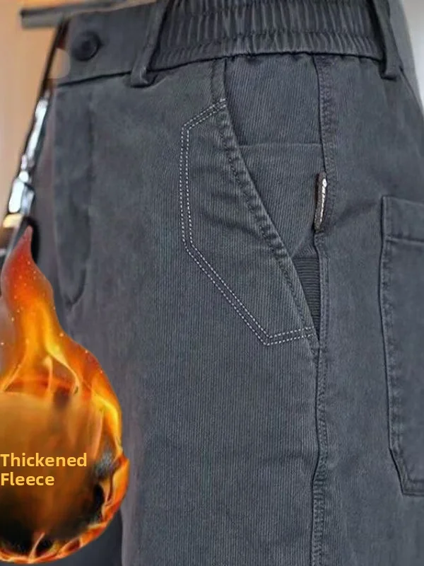 Thickened Fleece Workwear Pants Men's Casual Straight Leg Elastic Waist Multi Pockets Wear Resistant Winter Trousers