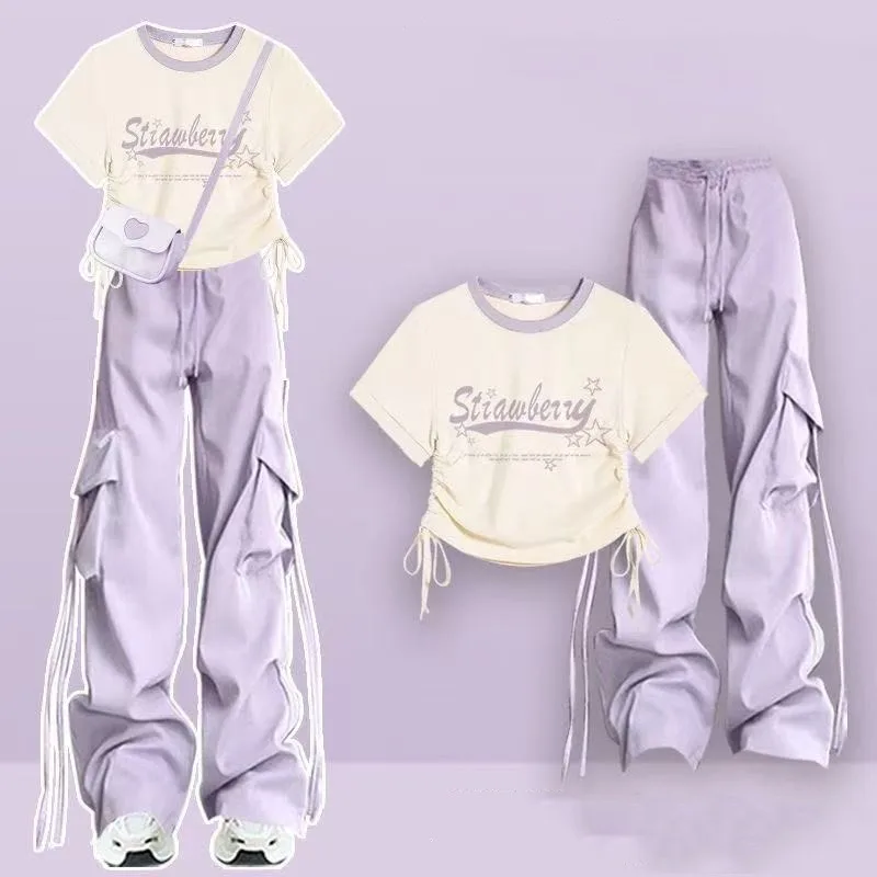 

Women Summer Student Safari Style Shirring Letter Slim T-Shirts Cargo Pants Two Piece Suits Lady Fashion Purple Trousers Top Set