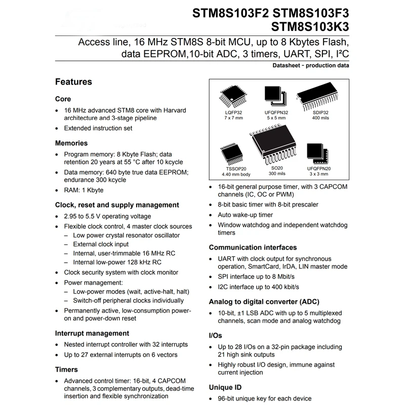 5PCS STM8S103F3P6TR TSSOP-20 code 8S143F3P6 16MHz/8KB flash/8-bit microcontroller MCU