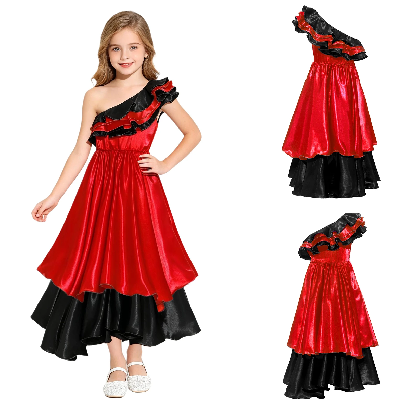

Girls Latin Fiesta One Shoulder Ruffled Contrast Color Samba Dress Sexy for Halloween Carnival Performance Dance