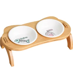 Raised Elevated Bamboo Food Bowls for Cat and Small Dog,Anti-Leak Pet Food and Water Feeder, Perfect for Puppy and Cat