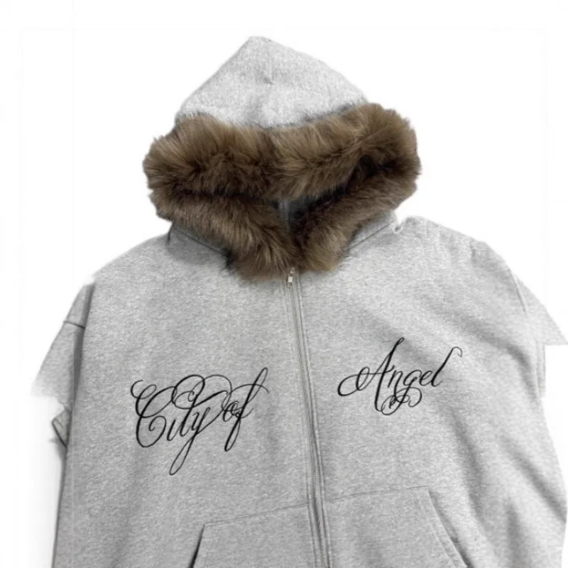 Sudadera con capucha estilo retro de estilo europeo y americano con cuello de piel para hombres y mujeres diseño sentido cremallera