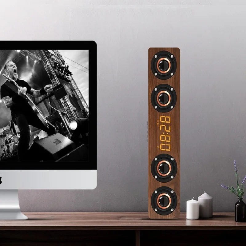 

Беспроводной деревянный Bluetooth-динамик с цифровыми часами, многофункциональная аудиосистема для домашнего кинотеатра, FM-радио/TF-карта/AUX, настольный звук, подарок