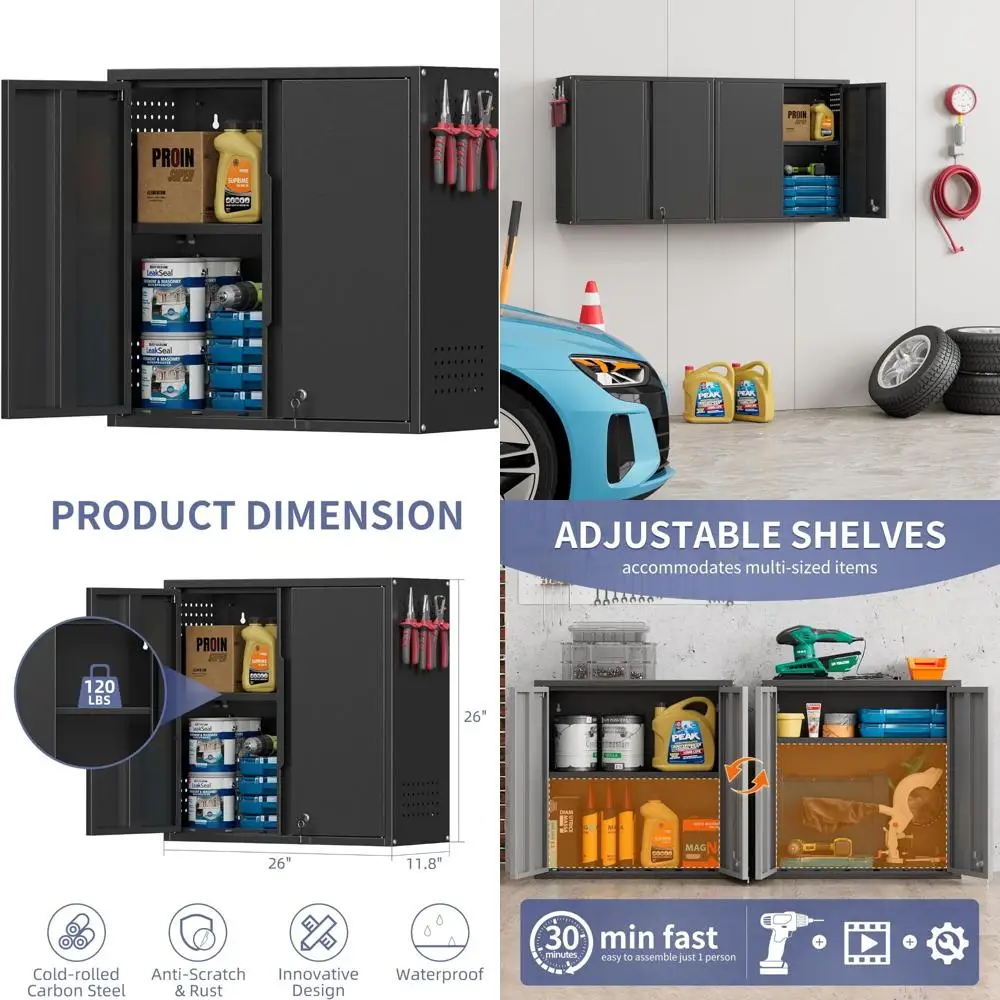 Металлические гаражные настенные шкафы с двумя дверцами, регулируемая полка, запираемый, черный, плавающий шкаф для хранения инструментов с перфорированной доской