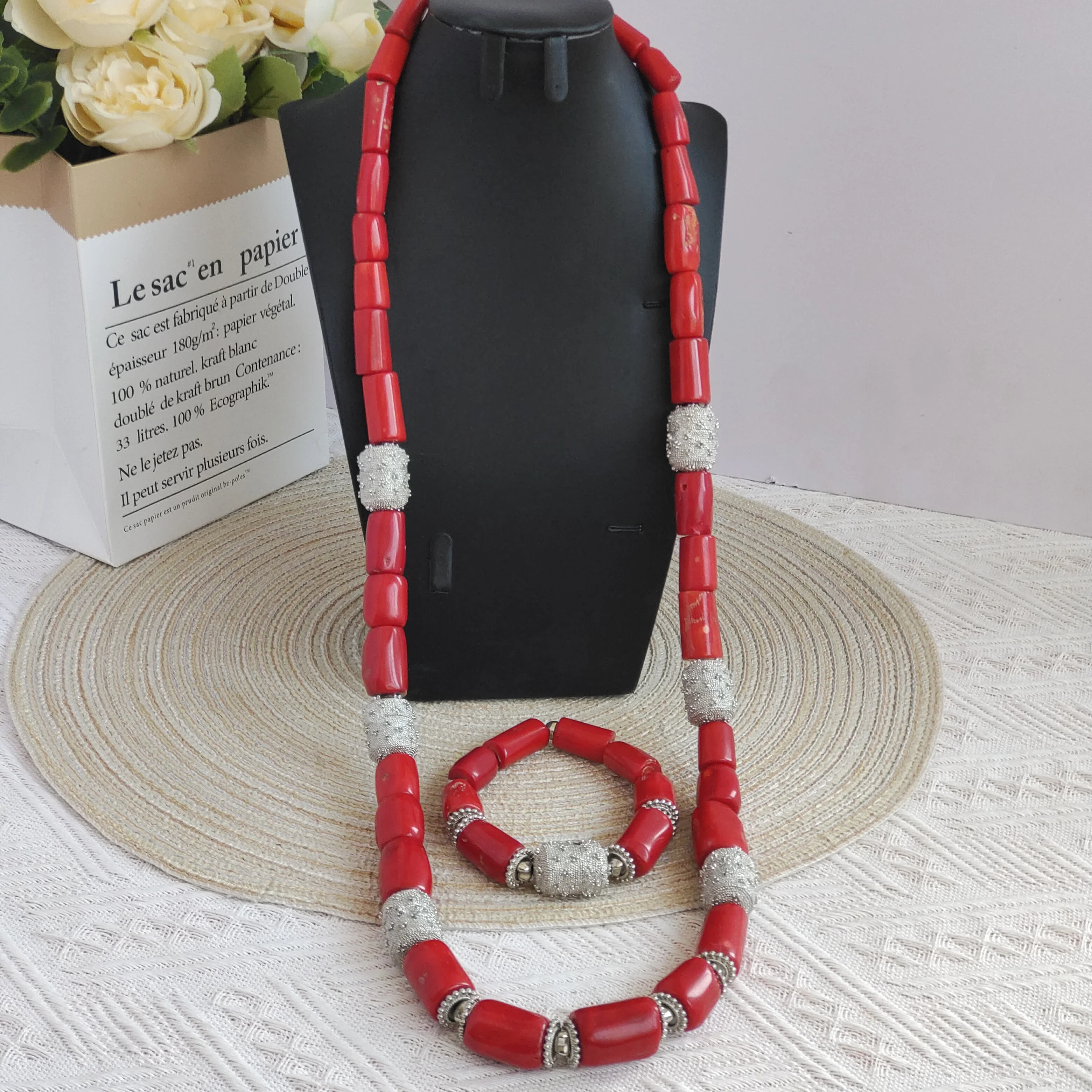 

nigerian wedding groom necklace bracelet natural red coral jewelry set for men