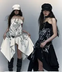 No Romance Original Goth Irregular Dress Two Ways Wearing Belt Vintage Printing Punk Streetwear Dark Tube Dress Autumn