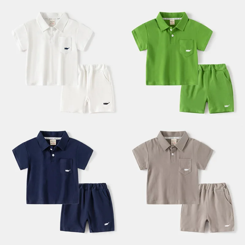 

Children's short-sleeved suit2024Summer New Boys' Solid ColorPoloTop Cropped Pants Two-Piece Set Wholesale