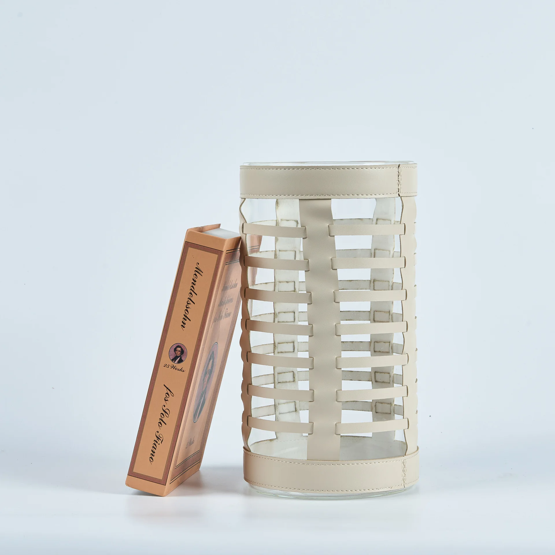 Glass Vase Leather Stripes Cylindrical Transparent Terrarium Flower Vases Geometric Leather Cover Flowerpot Home Decoration