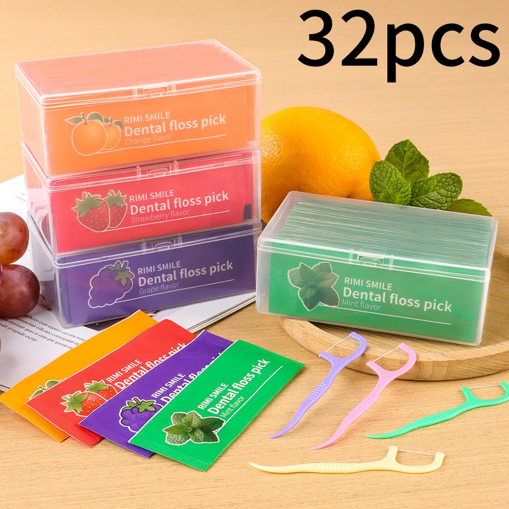 Dental Floss Picks 32pcs Individually Wrapped Boxed Fruit & Mint Flavors Disposable Teeth Cleaning Floss Sticks for Oral Care