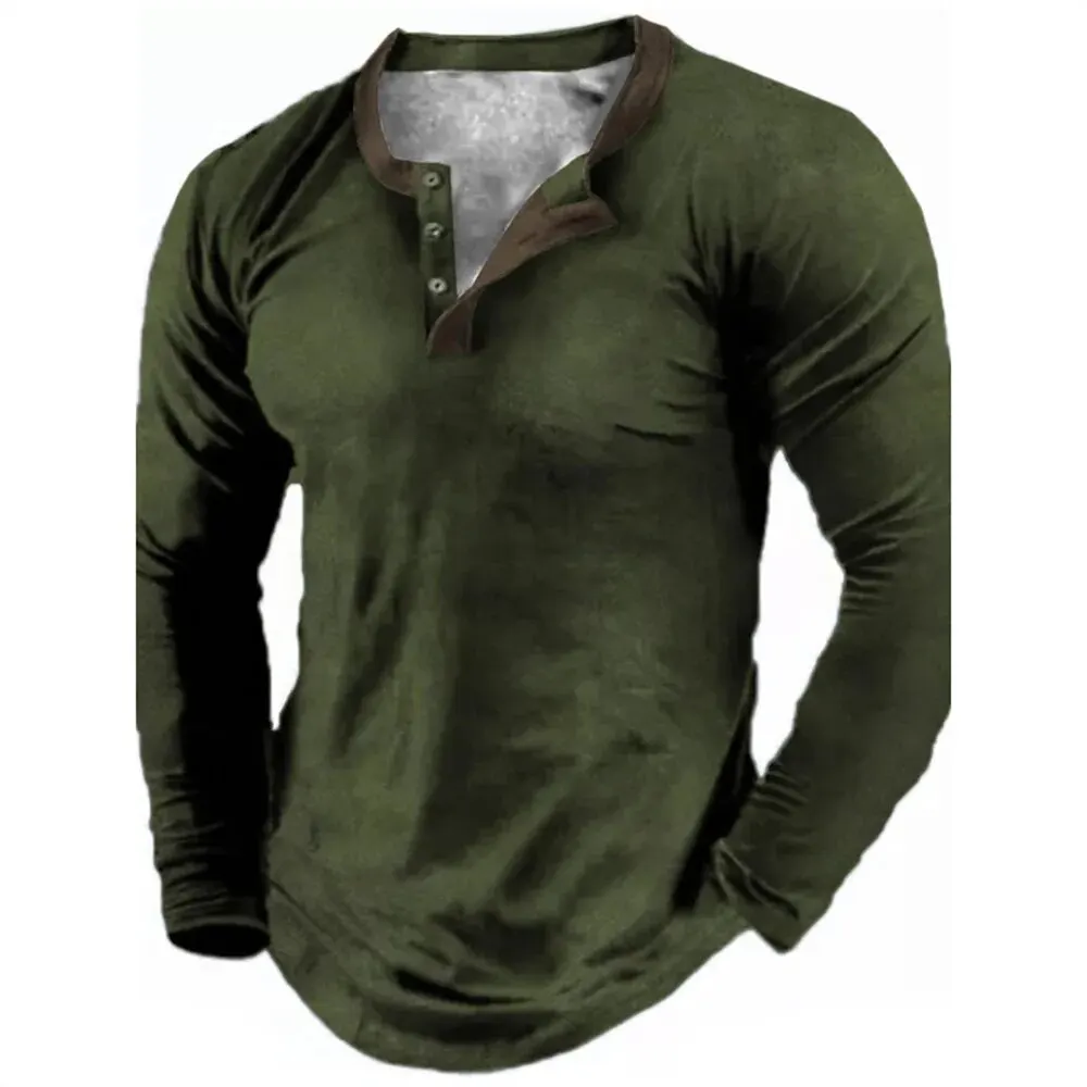 Spring Autumn Solid Color Henley Shirts 3D Printed Men\'s Fashion Vintage Button-Down Long Sleeve T Shirt Man Tees Tops Clothing