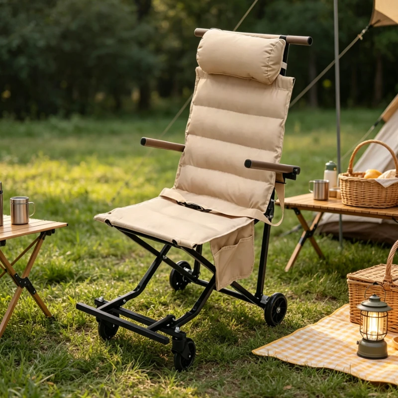 Portable Folding Rolling Chair with Wheels Lightweight Outdoor Camping Beach Travel Seat with Cushion and Storage Pocket