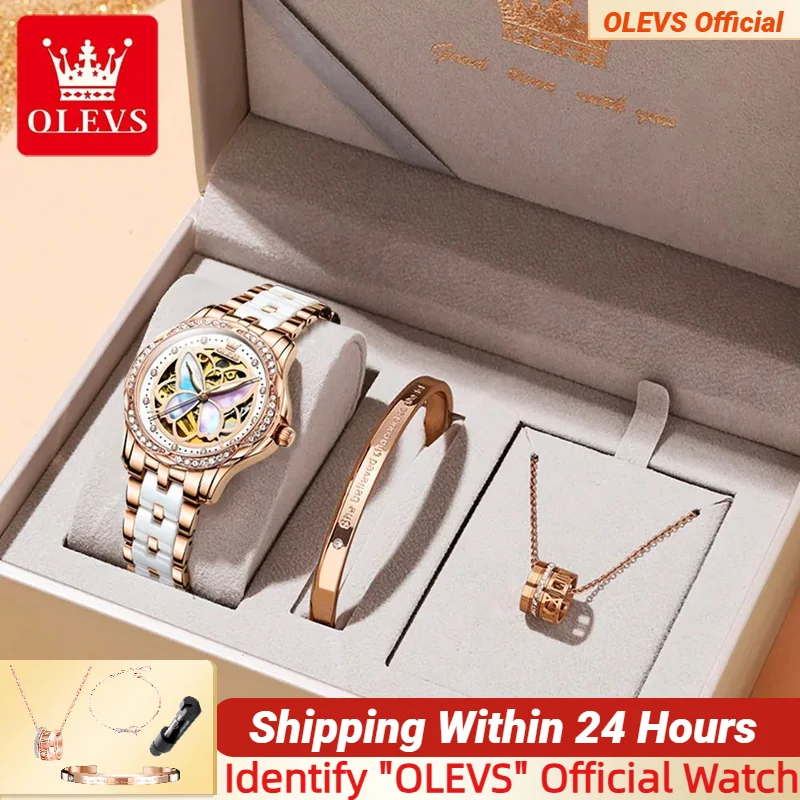 

OLEVS 6615, женские часы, лучший люксовый бренд, автоматические механические элегантные керамические ремешки, водонепроницаемые часы в подарочной коробке для женщин