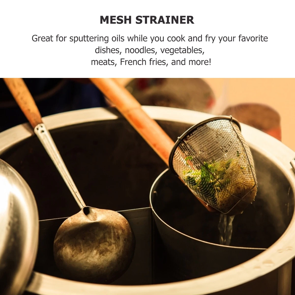 

2Pcs Stainless Steel Strainer Handle Easy Clean Multi-Functional Kitchen Cooking Noodle Vegetable Meat French Fries Mesh