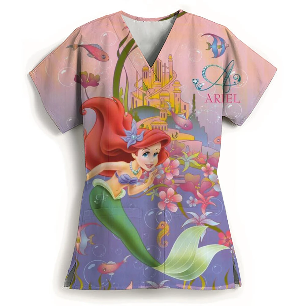 Disney Princess Pocket Women's V Neck Nurse Uniform T-Shirt Summer Short Sleeve 2024 Y2k New Dress Kawaii Woman Clothing S-3XL