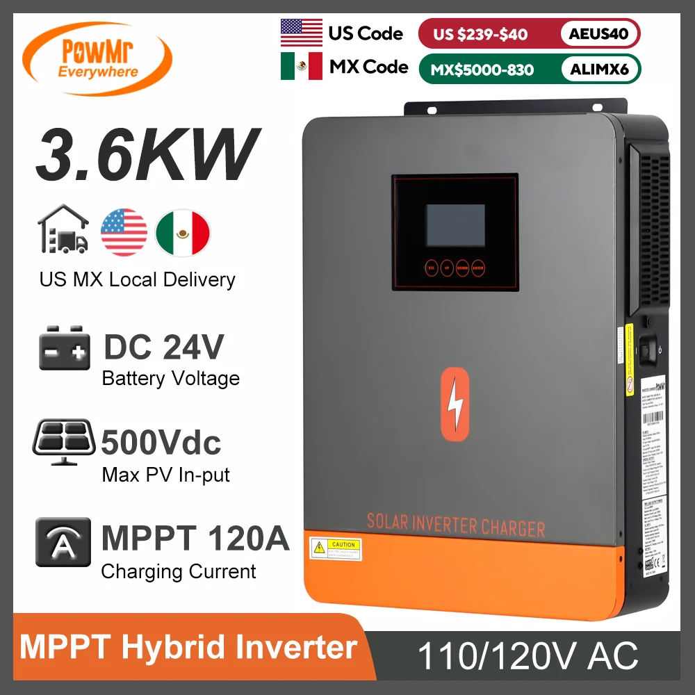 3600W On/Off-Grid Hybrid Solar Inverter 24V DC to 100/110/120V AC With 120A MPPT Solar Charge Controller Pure Sine Wave Inversor