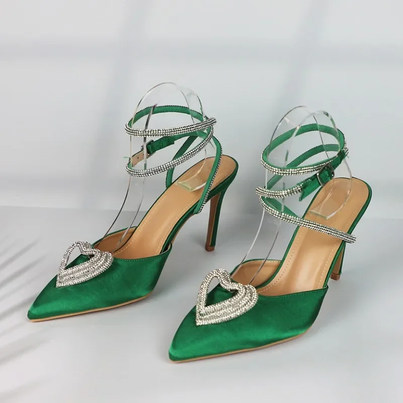 Summer Women High Heeled Sandals Luxury Rhinestone Heart Designer Dress Party Pointed Toe Elegant Green Ankle Strap Shoes Ladies